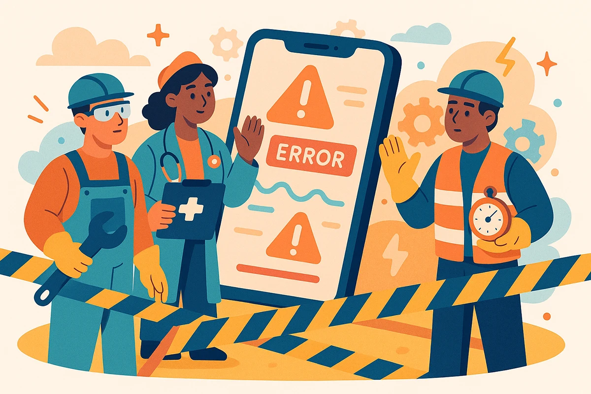 Cartoon of a doctor-like engineer examining a giant mobile app patient with a clipboard, stethoscope, caution tape and first aid kit.
