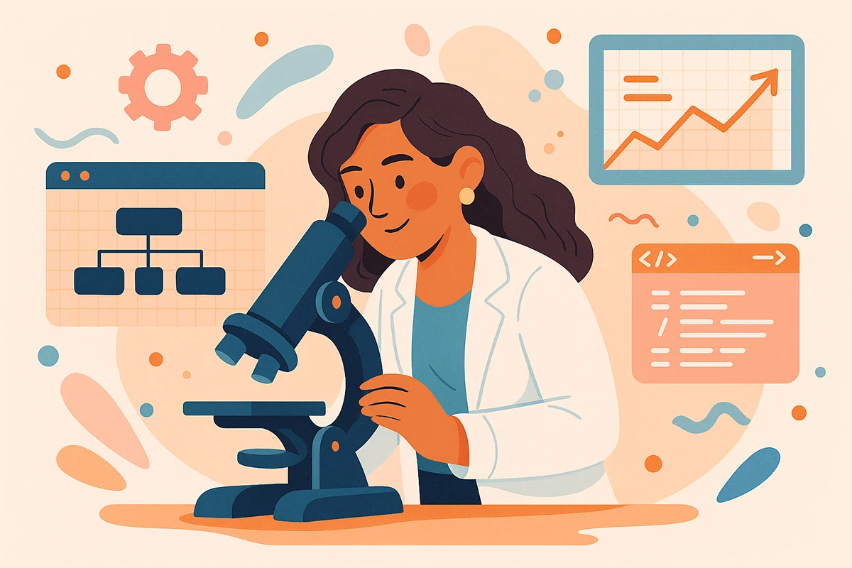 Cartoon of a detective character inspecting code and graphs on a screen with colleagues taking notes.