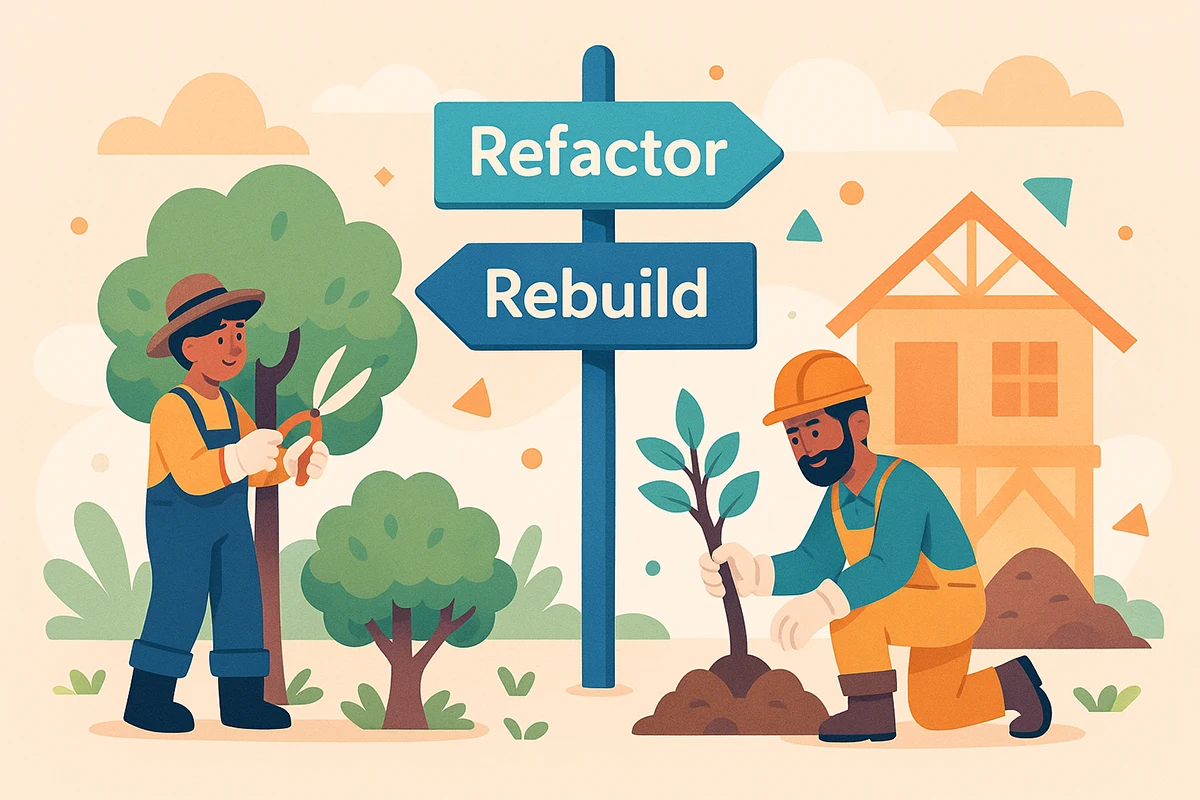 Cartoon of a developer pondering a crossroads signpost labelled 'Refactor' and 'Rebuild' with code swirling.