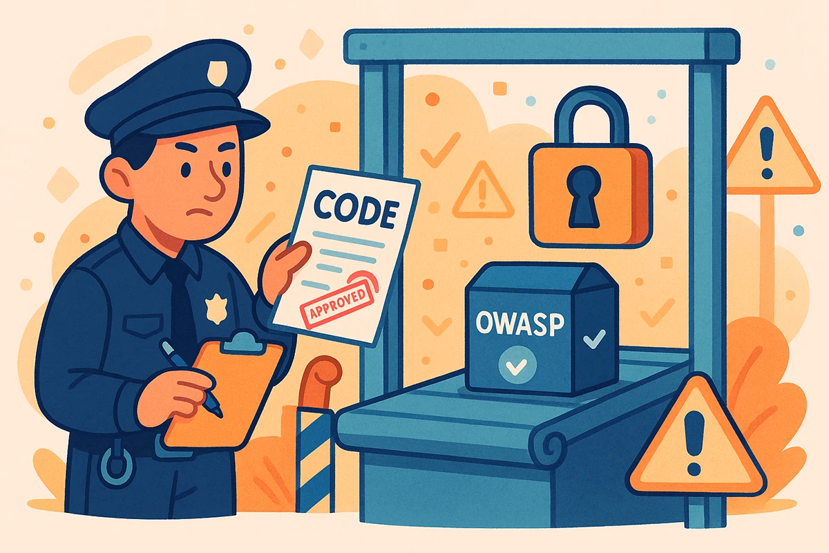 Cartoon of a superhero developer shielding a smartphone with a lock-covered shield and shining a flashlight.
