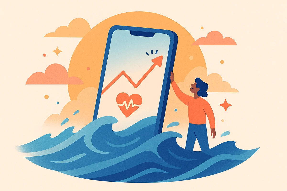Cartoon of a hero reviving a mobile app from a flatline into a heartbeat, symbolising hope and early action.