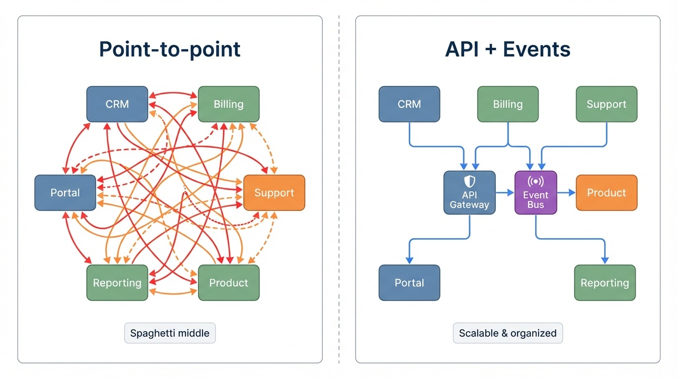 A vector diagram contrasts two integration approaches on a white background. The left side displays six labeled boxes (CRM, Billing, Support, Product, Reporting, Portal) connected by chaotic red and orange lines, illustrating a complex point-to-point setup. The right side shows the same boxes linked with streamlined blue lines to a central API Gateway and Event Bus, representing a more efficient integration model, with labels 'Point-to-point' and 'API + Events' indicating each approach.