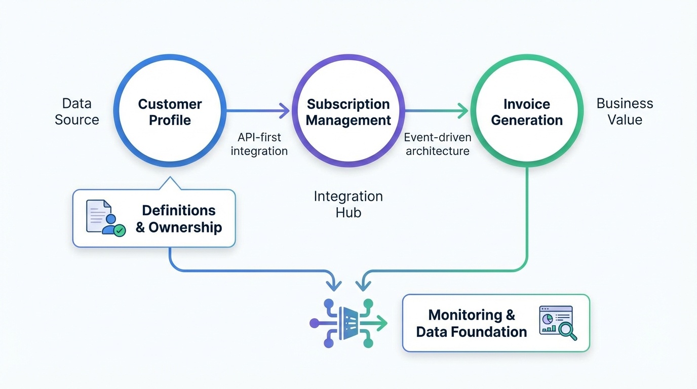 A streamlined infographic showcases an ecosystem map for business system integration, featuring interconnected nodes labeled 