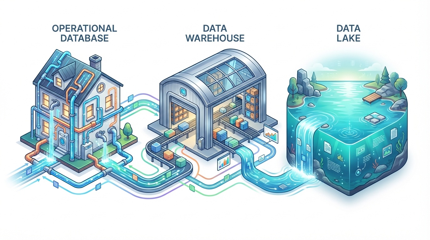 An illustration features three structures symbolizing data ecosystems: a house labeled 
