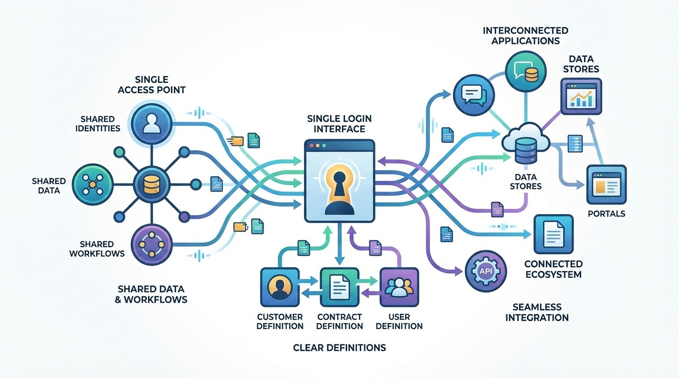 A vibrant illustration of a digital ecosystem showcases interconnected applications and data stores, represented by flowing lines and nodes. Users access the ecosystem through a unified login interface, with icons symbolizing shared identities and workflows, while abstract representations of customer, contract, and user definitions highlight clarity and collaboration within a modern, professional aesthetic that emphasizes connectivity and innovation.