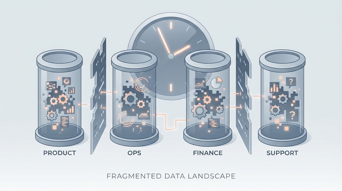 A fragmented digital landscape features metaphorical silos labeled Product, Ops, Finance, and Support, each filled with chaotic data elements and separated by barriers. In the background, a slowly ticking clock symbolizes delayed decision-making, while soft lighting and muted colors enhance the sense of frustration and urgency, reflecting the challenges of poor data quality and the need for greater team integration.