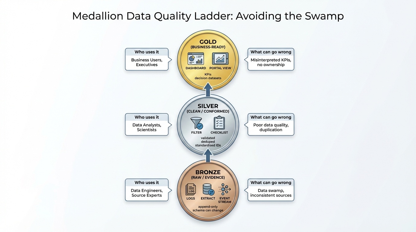 A medallion-style ladder infographic features three stacked steps on a white background, each labeled with a different level of data quality. The first step, 