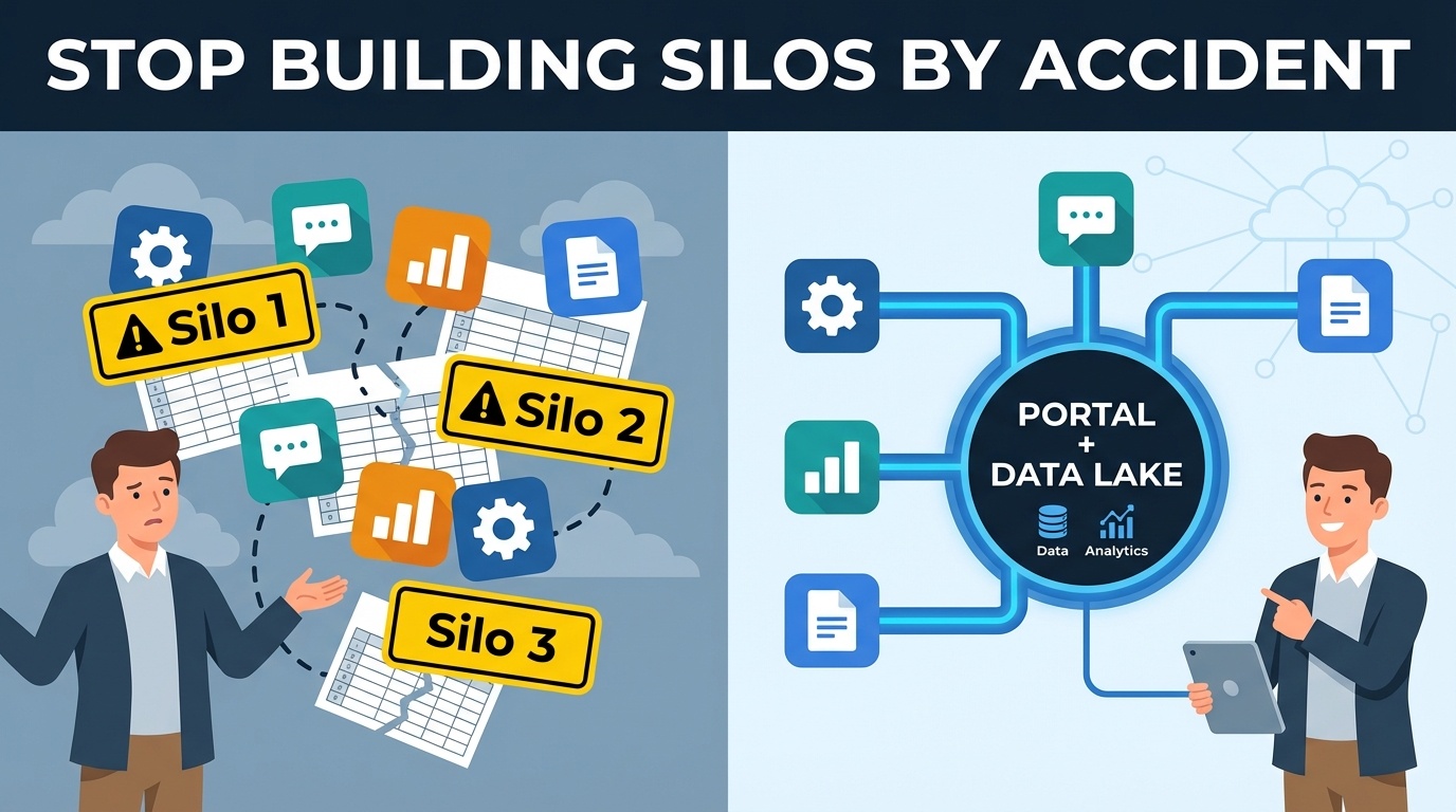A split-screen design contrasts a chaotic arrangement of disconnected app icons and spreadsheets labeled 'Silo 1', 'Silo 2', and 'Silo 3' on the left with a streamlined layout on the right, where the same icons are connected by clean lines to a central 'Portal + Data Lake' hub. The background features a subtle abstract cloud motif, while bold text at the top states: 'Stop building silos by accident', emphasizing the importance of cohesive data integration for enhanced decision-making.