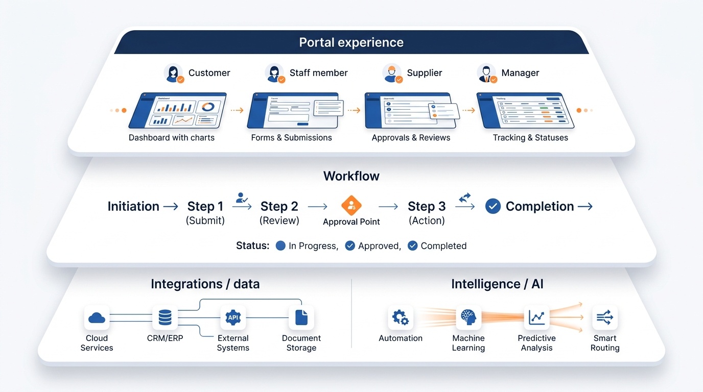A modern infographic displays a three-layer 'System of Action Stack' in a clean B2B SaaS design. The top layer, labeled 'Portal experience,' shows diverse users-including a customer, staff member, supplier, and manager-interacting with dashboards and forms. The middle layer, 'Workflow,' illustrates steps, approvals, statuses, and handoffs, while the bottom layer is divided into 'Integrations / data' and 'Intelligence / AI.' The color palette features white and dark blue with subtle orange accents, complemented by sharp typography for a credible corporate look.