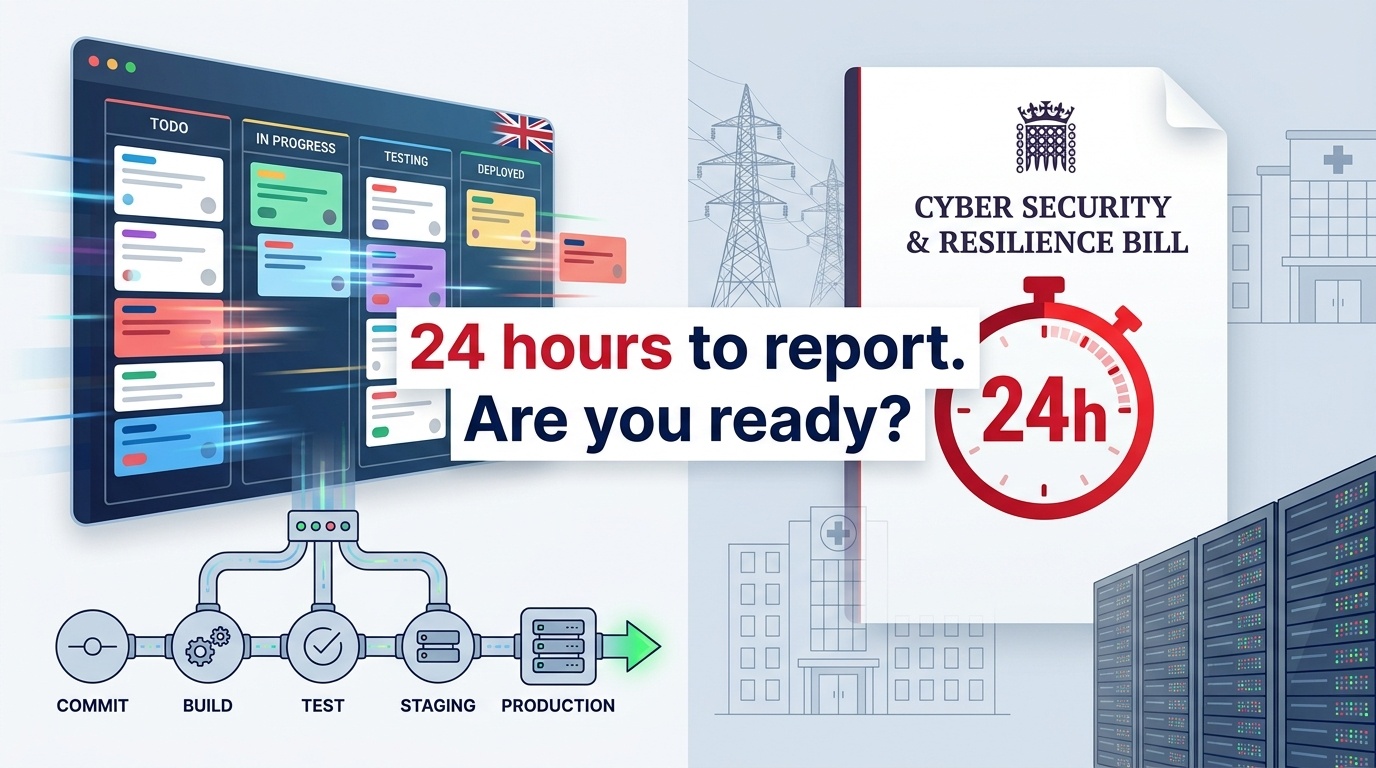 A split-screen image features a fast-moving kanban board on the left, displaying software delivery tasks and a CI/CD pipeline, while the right side highlights a UK Parliament document labeled "Cyber Security & Resilience Bill" with a prominent red "24h" timer icon. The background subtly depicts critical infrastructure elements like a power grid, hospital, and data center racks, all set against a modern, high-contrast aesthetic with UK color cues, emphasizing urgency with the overlay text: "24 hours to report. Are you ready?"