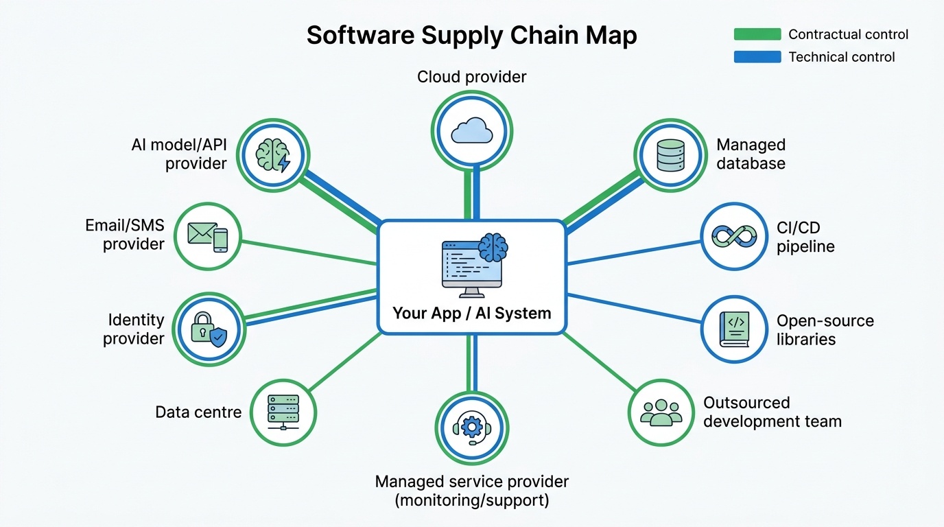 A diagram titled "Software Supply Chain Map" features a central box labeled "Your App / AI System," surrounded by connected spokes leading to various elements such as a Cloud Provider, Managed Database, and Outsourced Development Team. Dependencies are color-coded in green for "Contractual control" and blue for "Technical control," with some spokes displaying both colors, all set against a clean white background with minimal design and easy-to-read labels, suitable for a UK enterprise cyber resilience context.