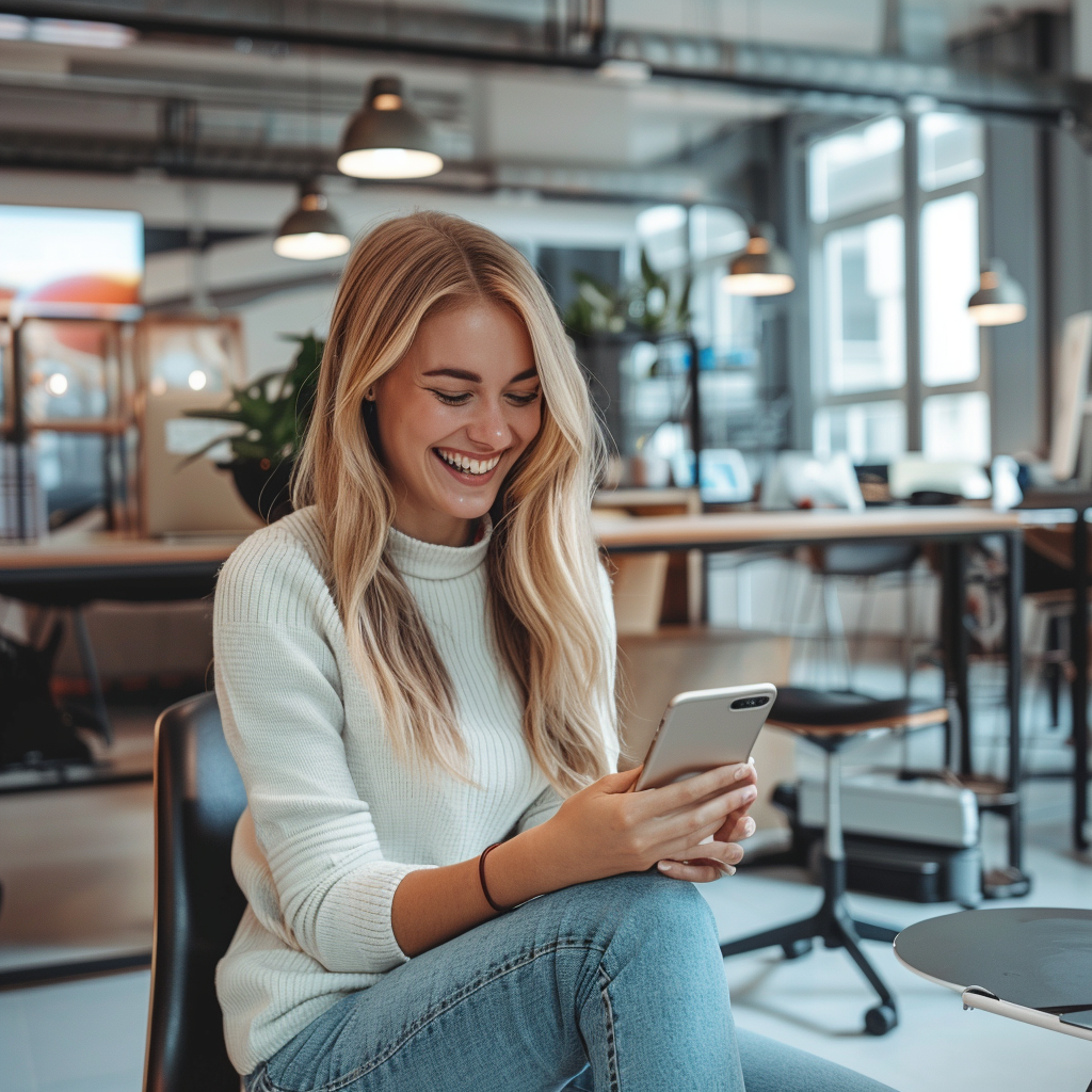 The scene shows a happy young lady sitting witha mobile app she has recently had developed, likely in a modern office or co-working space. She represents a client discovering the potential of mobile apps. The screen displays a generic user interface, suggesting app ux.
