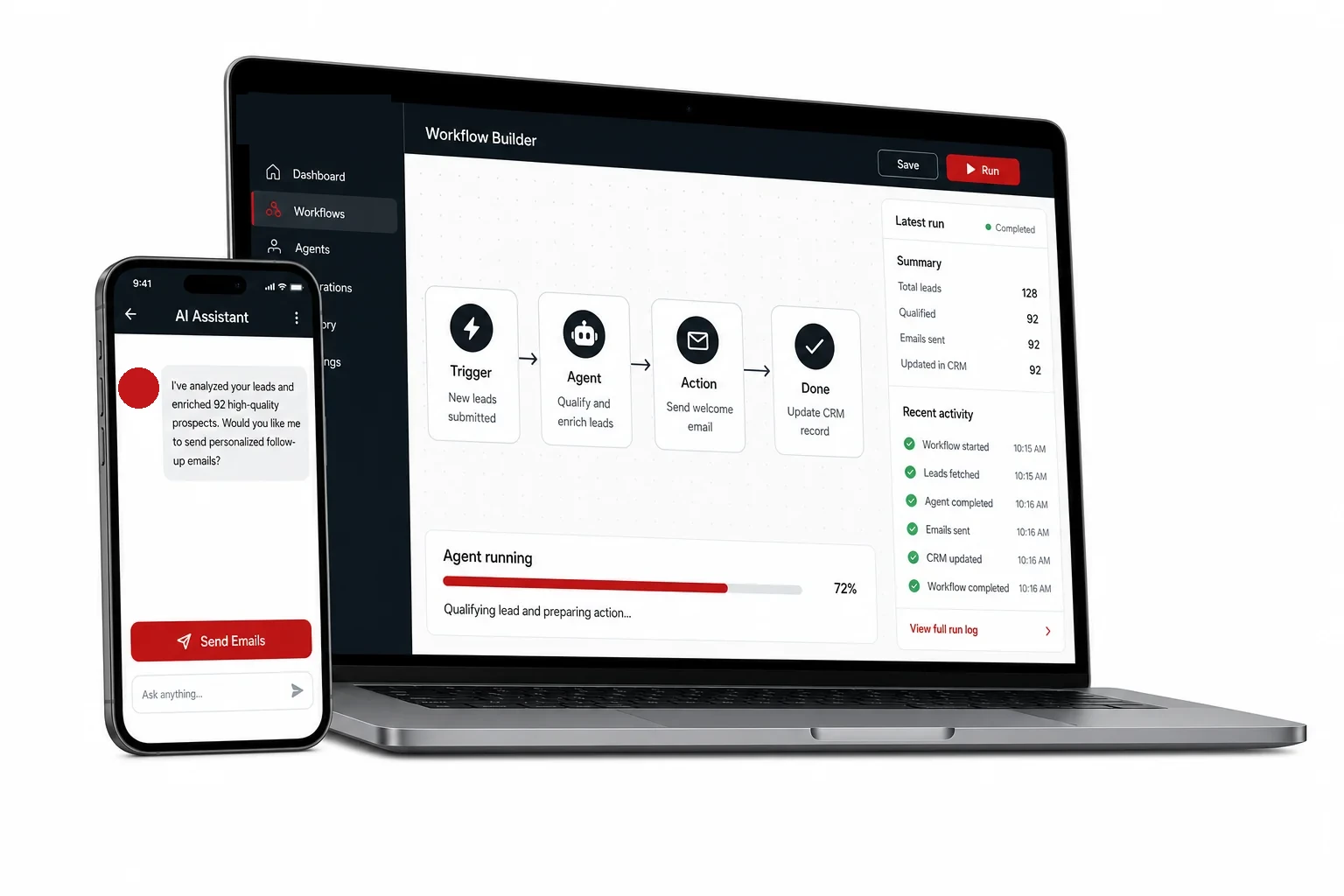A laptop and phone showing an AI workflow automation built by Scorchsoft, with a trigger-to-action pipeline and run log