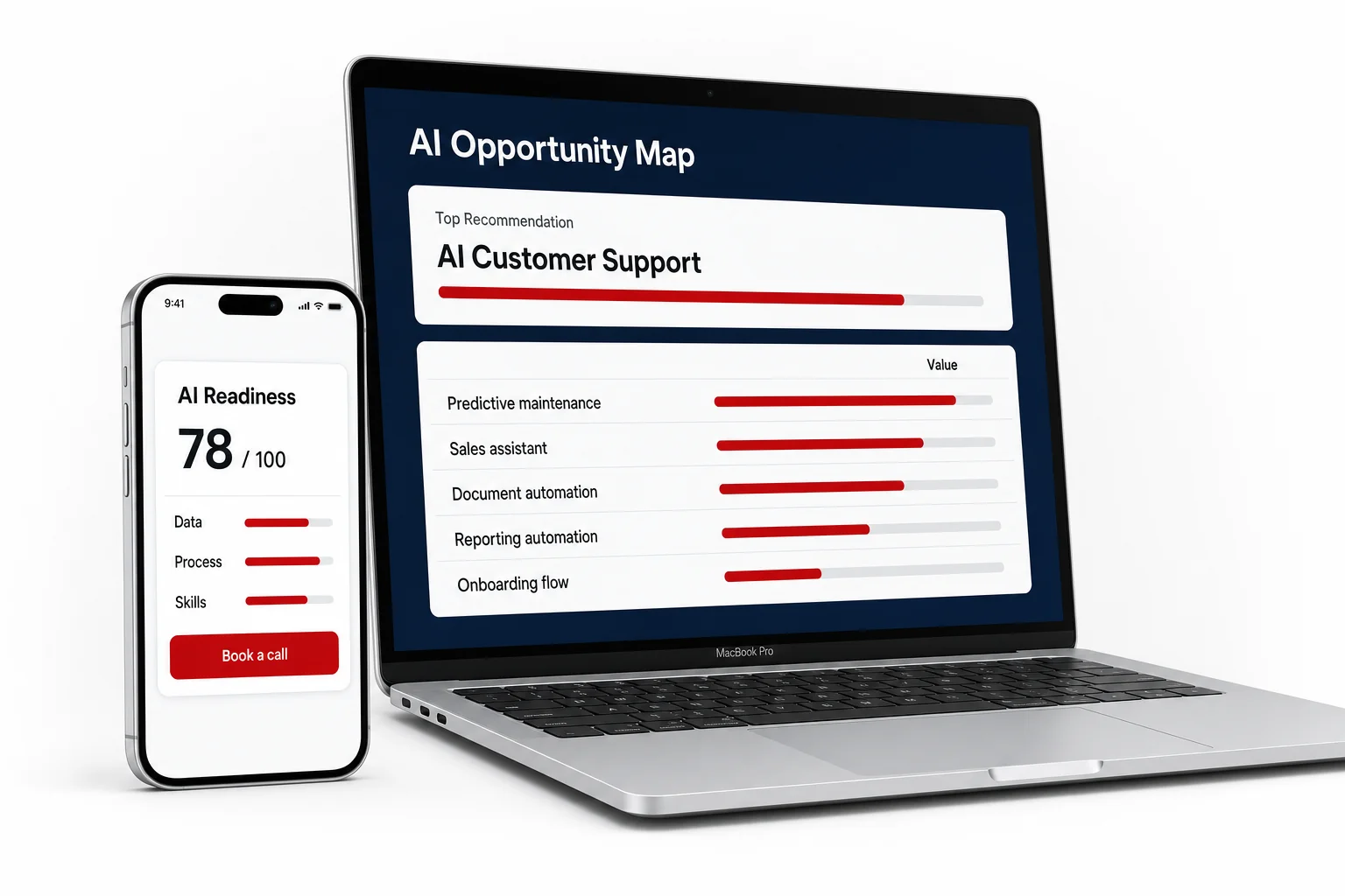 A laptop and phone showing a costed AI opportunity roadmap produced by Scorchsoft's AI consultancy