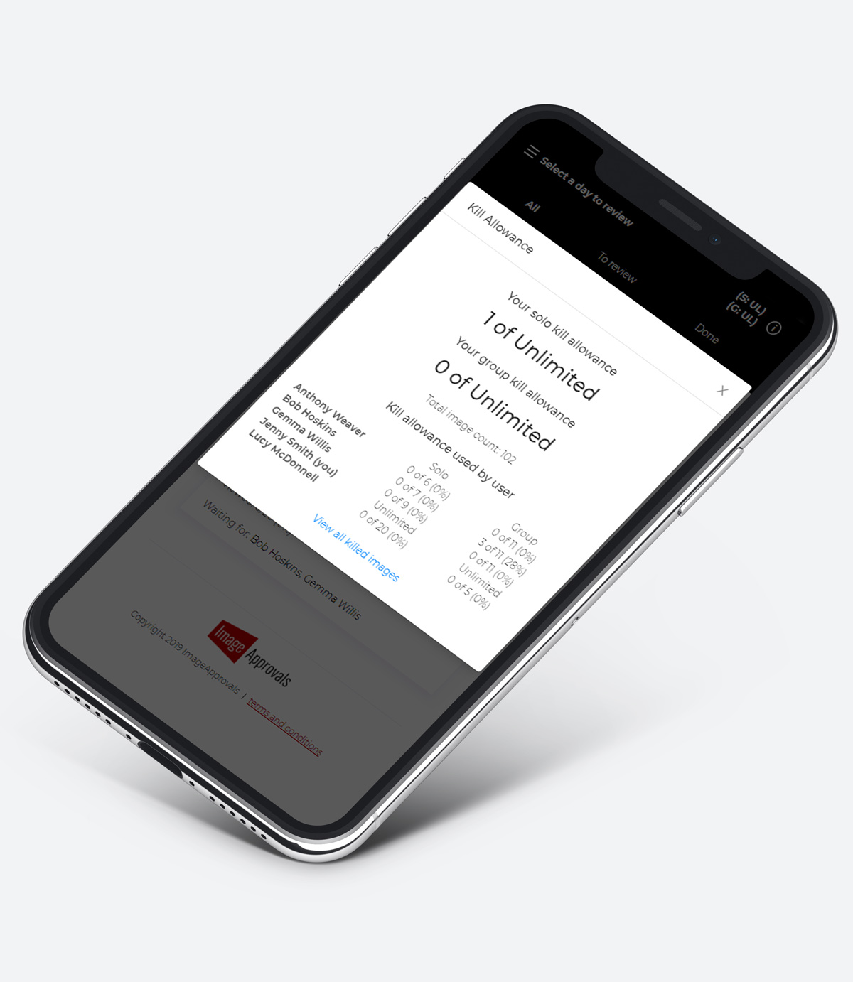 A screenshot of the app on an iPhone X showing the agent view of actor kill percentages A screenshot of the app on an iPhone X showing the agent view of actor kill percentages