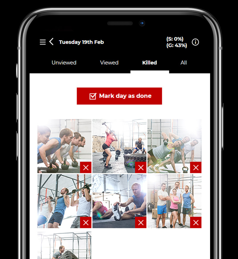 A grid list view of killed images, each with a red X kill icon to show their status A grid list view of killed images, each with a red X kill icon to show their status