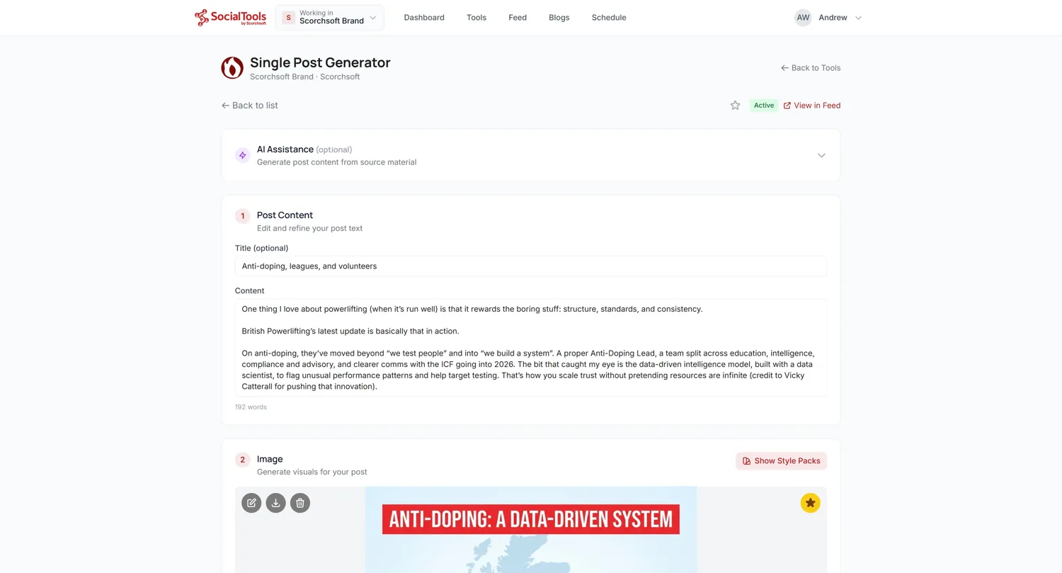 The single-post generator with AI copy and a custom generated image side by side