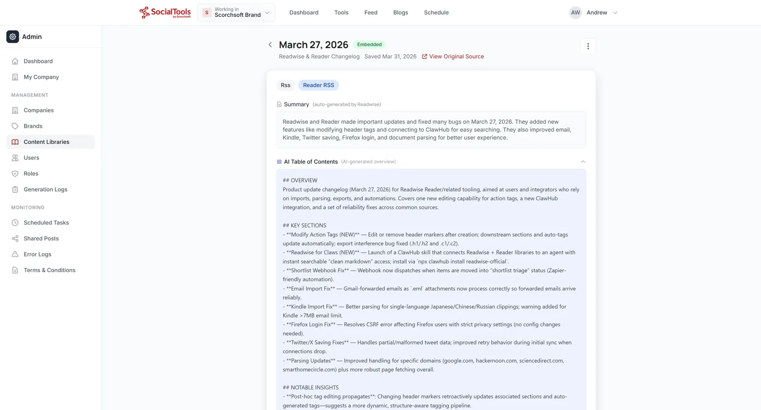 Content library showing an AI summary and table of contents of a source article