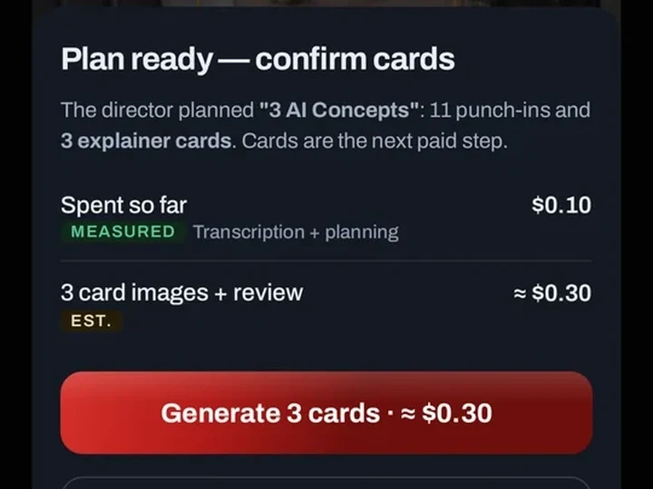 The SpeakCut plan confirmation screen: the director planned 11 punch-ins and 3 explainer cards, with 10 cents spent so far and an estimate for the card images.