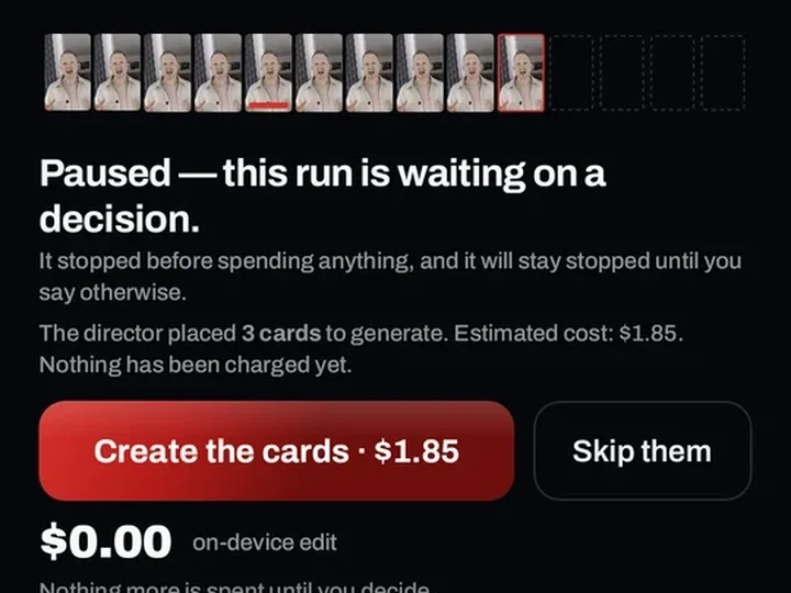 The SpeakCut mid-run consent screen: the run is paused waiting on a decision, with options to create the cards or skip them, and nothing charged yet.