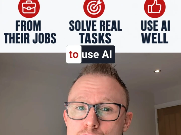 A finished SpeakCut frame: an AI-generated explainer card with the labels FROM THEIR JOBS, SOLVE REAL TASKS and USE AI WELL sits above the speaker's footage, with a word-timed caption reading to use AI on the seam between them.