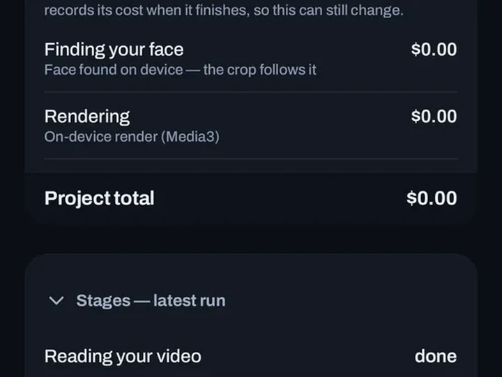 The SpeakCut project ledger showing the cost history for a run, with each stage listed and on-device stages recorded at zero dollars.