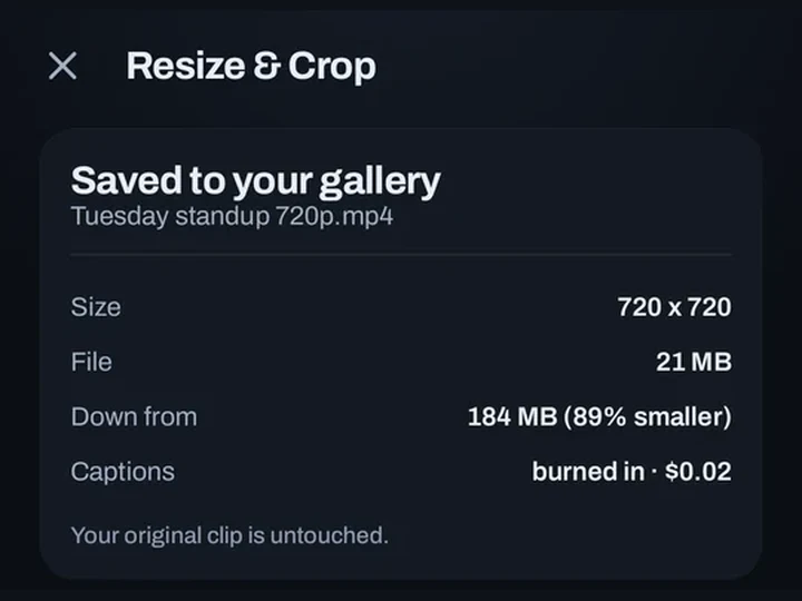 The SpeakCut resize and crop result screen: a 720 by 720 file at 21 MB, down from 184 MB, an 89 per cent reduction.