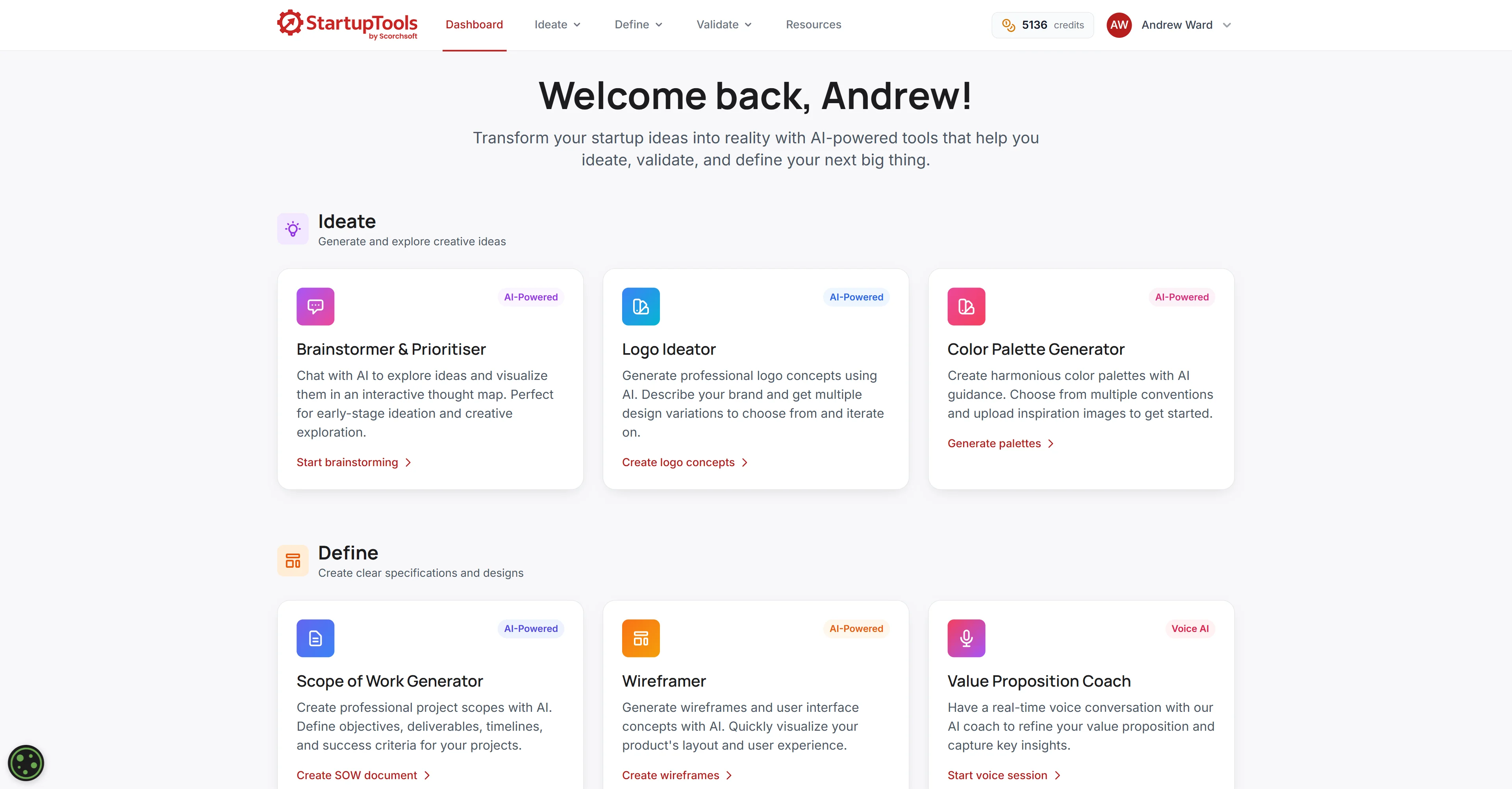 StartupTools dashboard showing Ideate, Define and Validate modules.