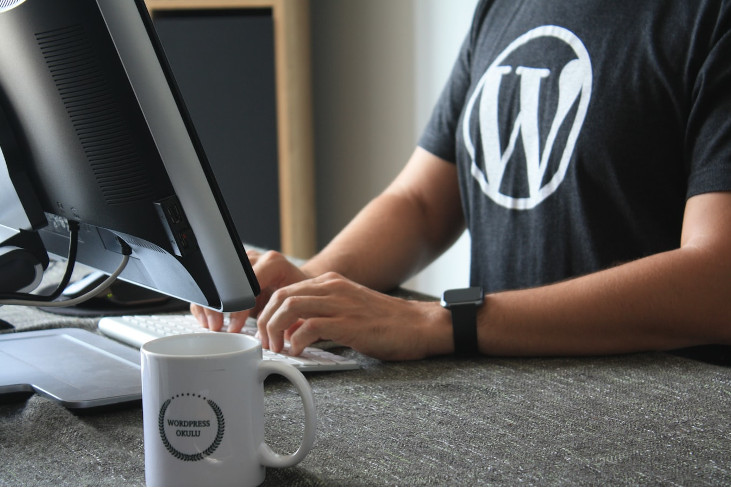 Person wearing a shirt with the wordpress logo, editing his wordpress website on his computer